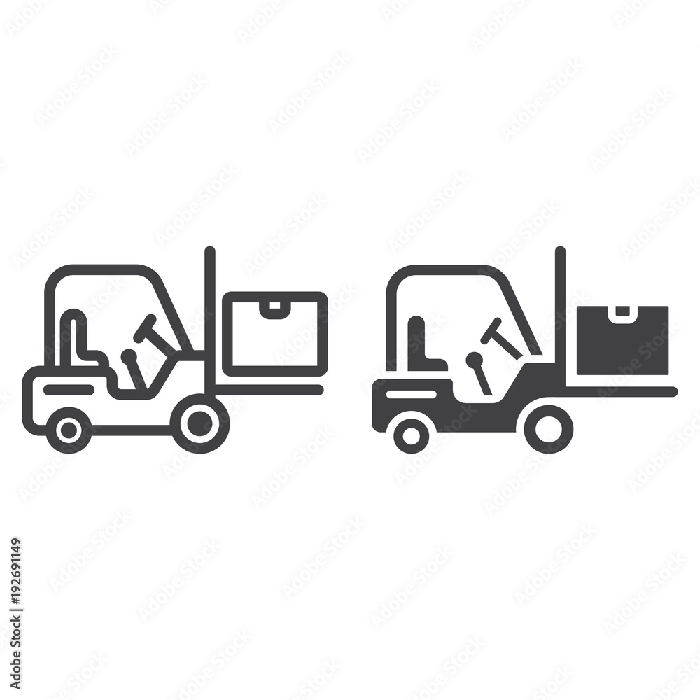 Forklift delivery truck line and glyph icon, logistic and delivery, cargo vehicle sign vector graphics, a linear pattern on a white background, eps 10.