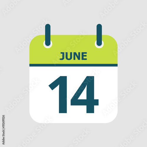 Flat icon calendar 14th of June isolated on gray background. Vector illustration.
