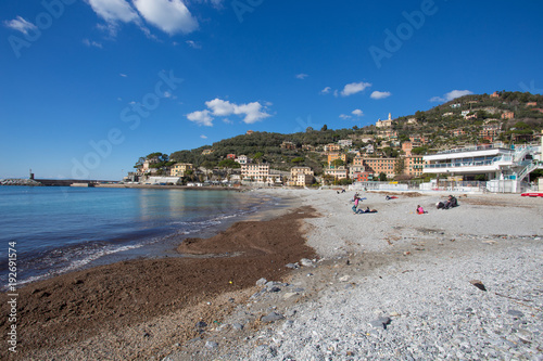 Fototapeta Naklejka Na Ścianę i Meble -  RECCO, ITALY, FEBRUARY 13, 2018 - View of city of Recco from the beach , Genoa (Genova) Province, Liguria, Mediterranean coast, Italy