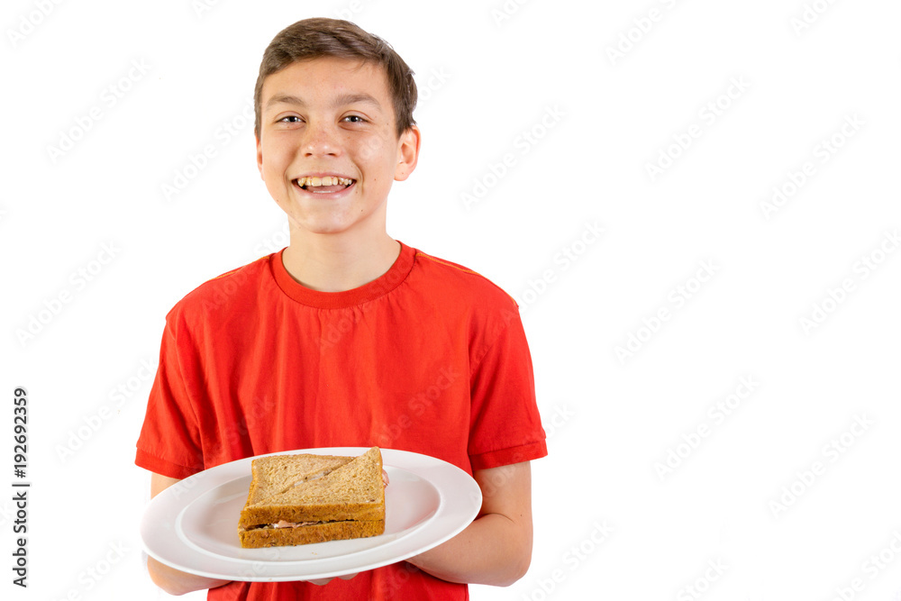 Young caucasian teenage boy with a sandwich