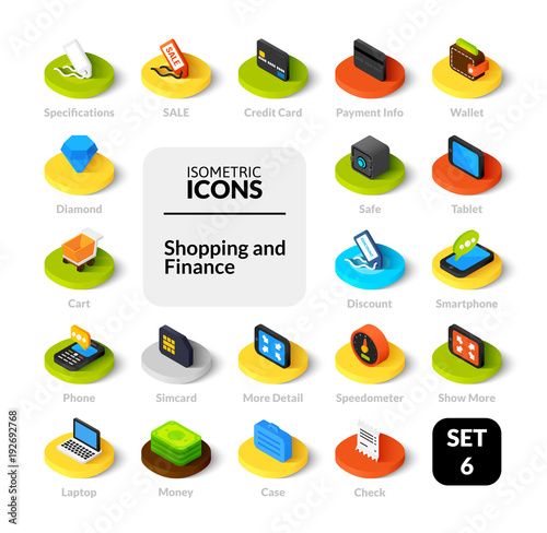 Color icons set in flat isometric illustration style, vector collection