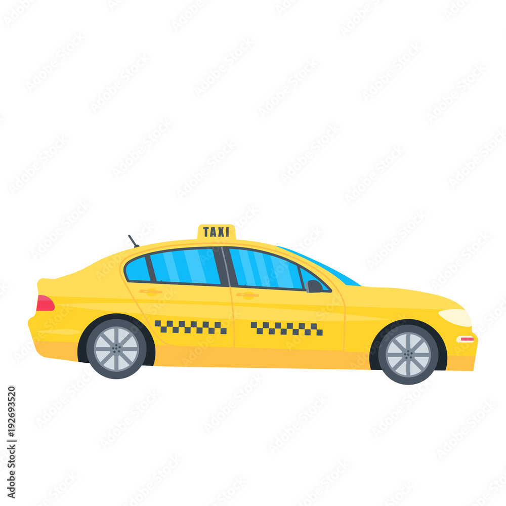Poster with the machine yellow cab isolated on white background. Public taxi service concept. Flat vector illustration Poster with the machine yellow cab isolated on white background. Public taxi service concept. Flat vector illustration