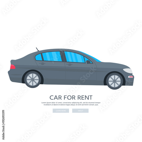 Poster with car isolated on white background. Public rent service concept. Flat vector illustration