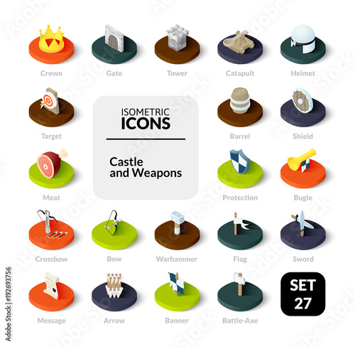 Color icons set in flat isometric illustration style, vector collection