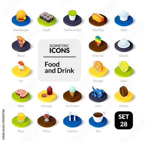 Color icons set in flat isometric illustration style, vector collection