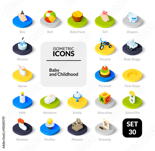 Color icons set in flat isometric illustration style, vector collection