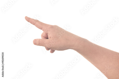 Right hand index finger pointing slopingly in to the left distance - human hand gesture isolated on white background with copy space