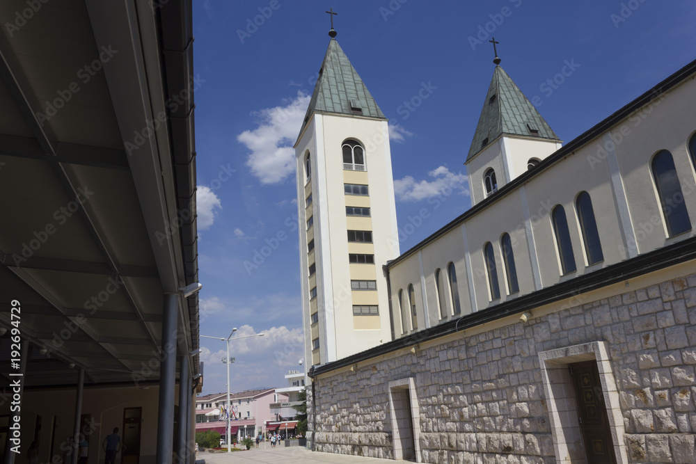 Architectural feature of St.James cathedral bell towers in Medjugorje