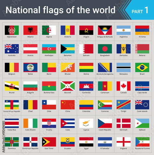 Flags of the world part 1. Collection of flags - full set of national flags isolated on gray background.