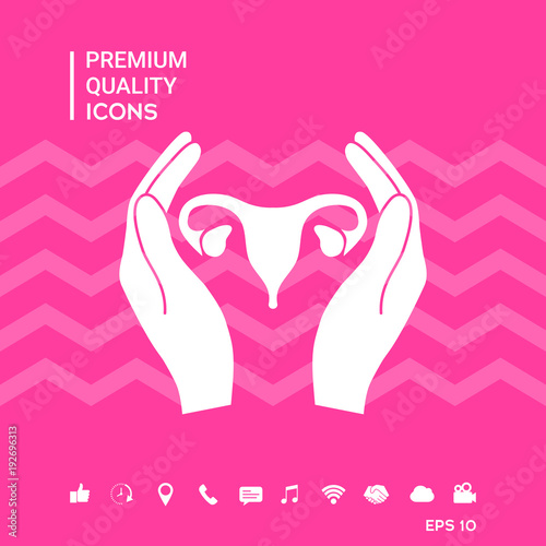 Hands holding Female uterus - protection icon