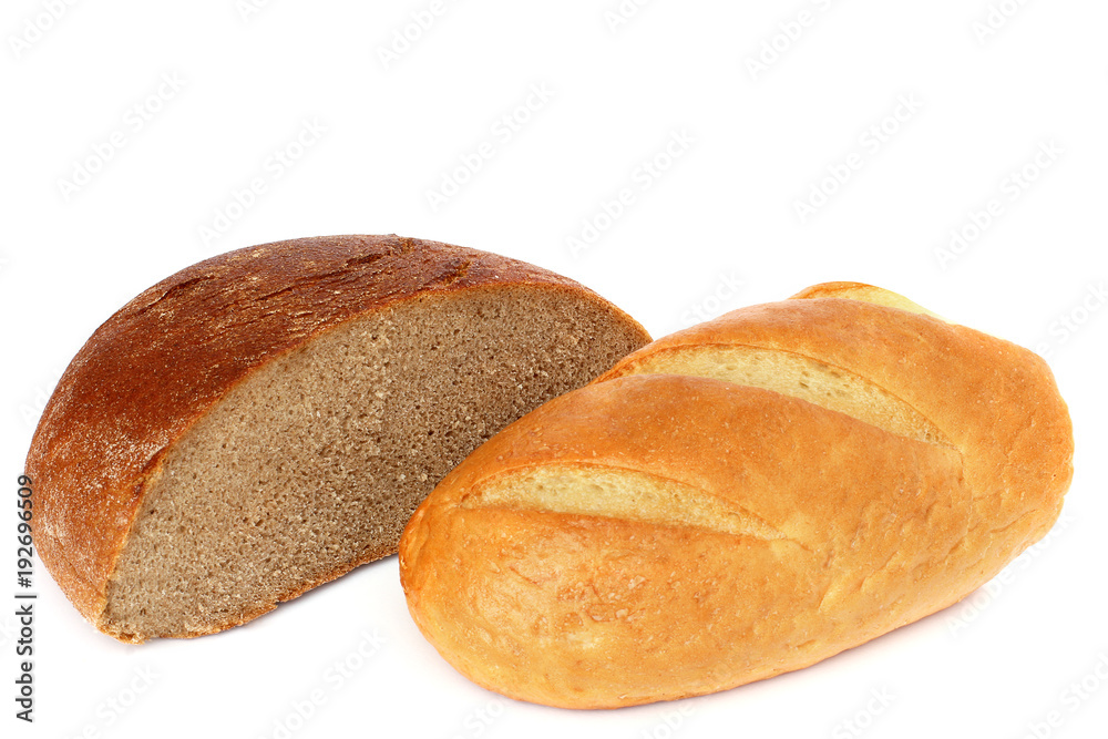 Bread on a white background. Black and white bread Bread on a white background. Black and white bread