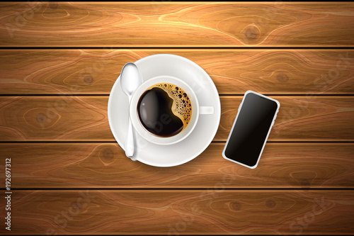 Vector cup coffee spoon smartphone wooden texture