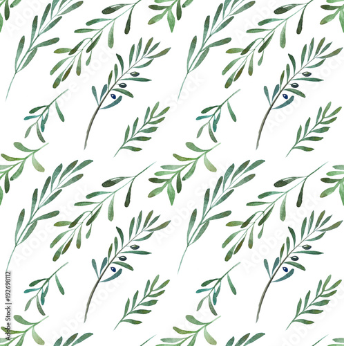 Fototapeta Naklejka Na Ścianę i Meble -  2d hand drawn watercolor seamless background. Colorful olives branch with fetus. Pattern for textile, wrapping, branding, invitations.