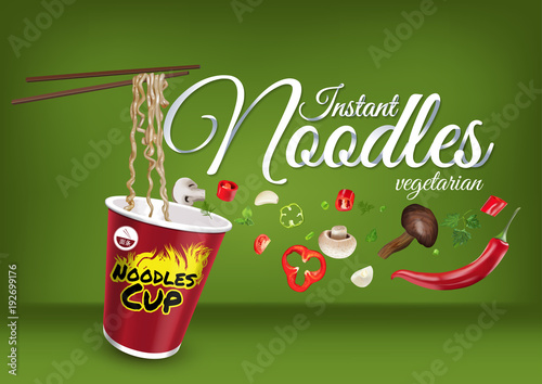 Instant cup noodles with vegetables, paper hand lettering calligraphy.