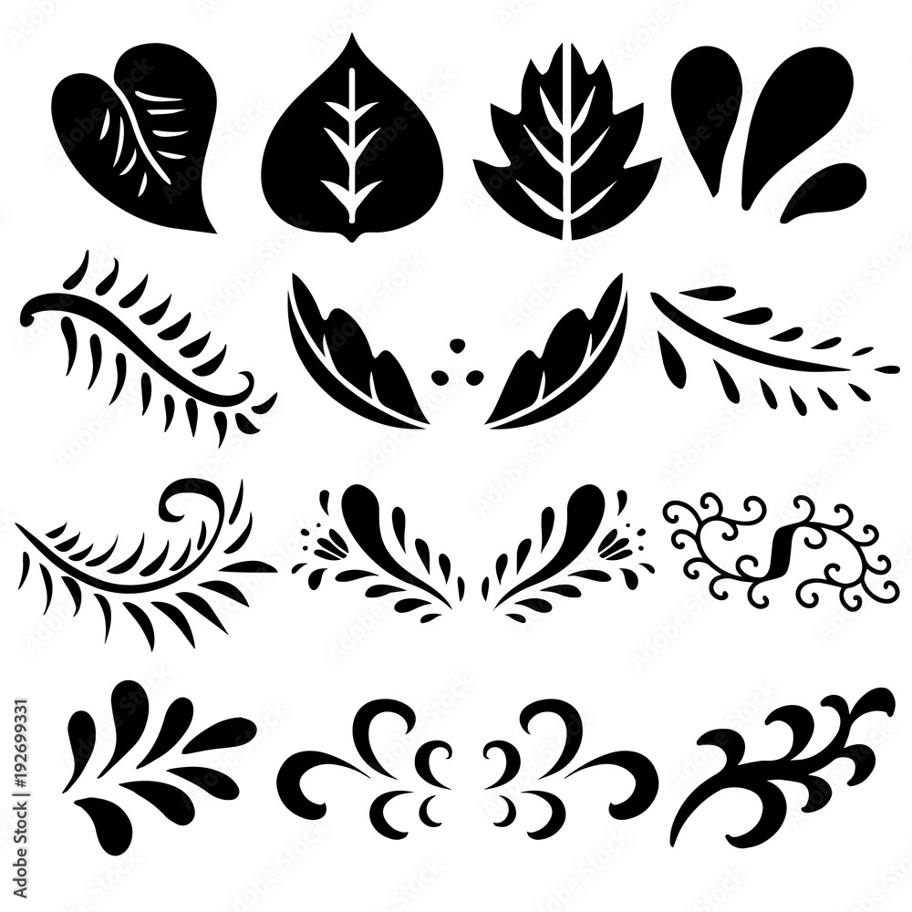 Set hand drawn black silhouettes leaves, waves