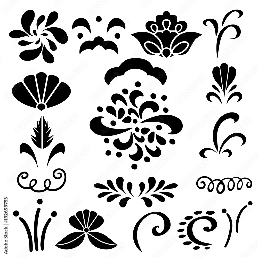 Set hand drawn black silhouettes flowers, leaves, waves Set hand drawn black silhouettes flowers, leaves, waves