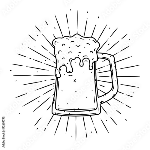 Vector illustration with Glass of beer and divergent rays. Used for poster, banner, web, t-shirt print, bag print, badges, flyer, logo design and more.