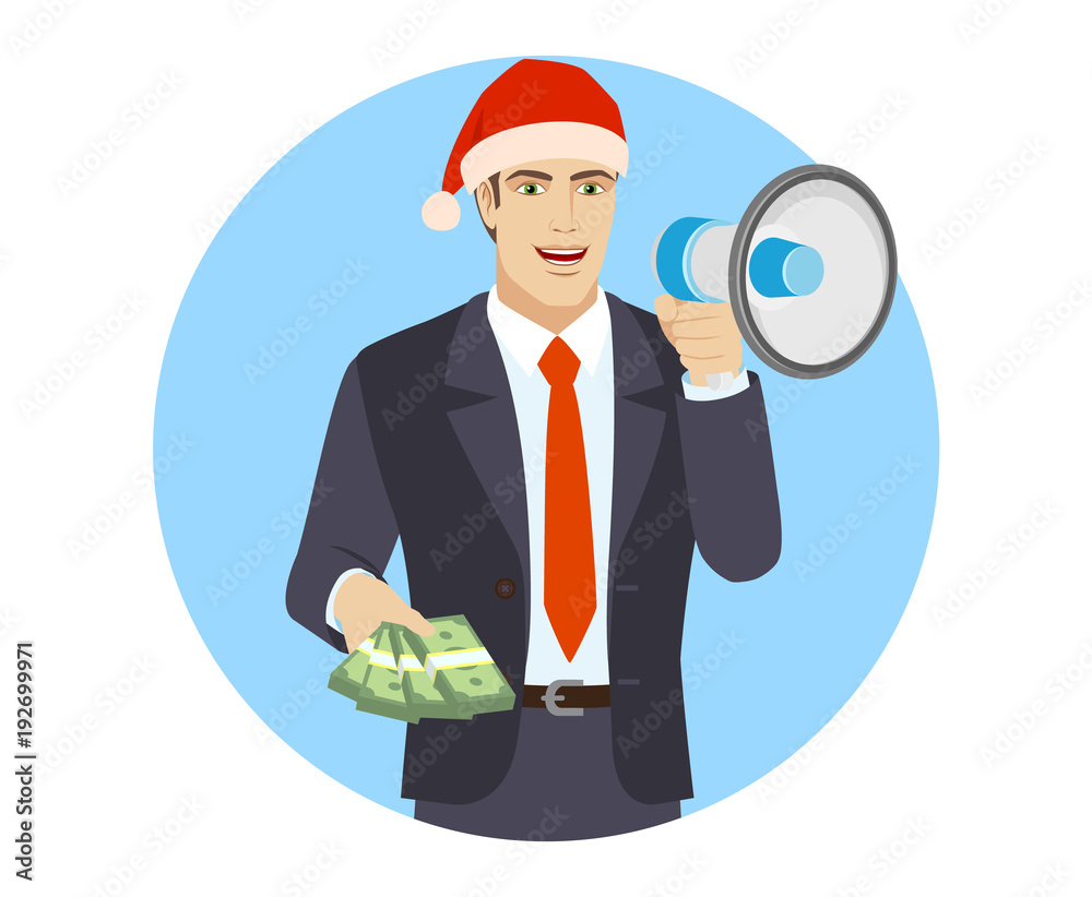 Businessman in Santa hat with cash money and loudspeaker Businessman in Santa hat with cash money and loudspeaker