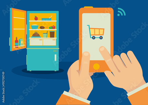 Ordering food with smartphone application to internet of things refrigerator vector illustration.