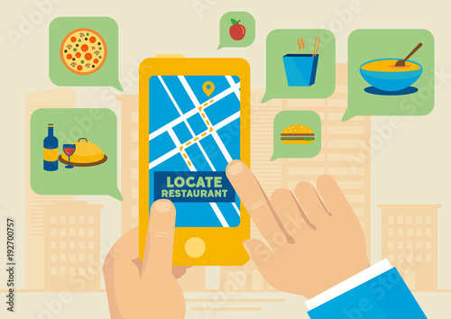 Finding lunch restaurants with smartphone map application from city vector illustration.