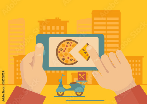 Man ordering online pizza delivery with mobile phone application vector illustration.