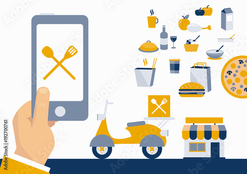 Business man illustration ordering fast food with online mobile application vector illustration.
