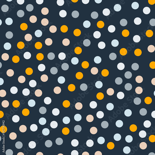 Colorful polka dots seamless pattern on bright 7 background. Mesmeric classic colorful polka dots textile pattern. Seamless scattered confetti fall chaotic decor. Abstract vector illustration.