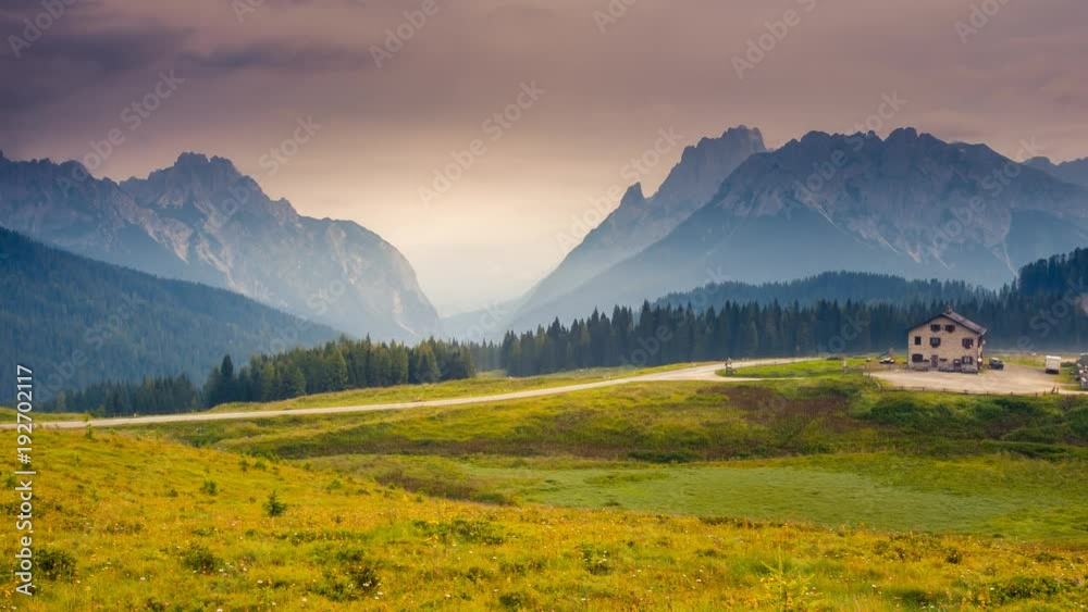 Fantastic misty view on the peak Cresta di Enghe. Location place Sauris di Sotto, Dolomiti Alps. Italy, Europe. Time lapse clip, interval shooting video.