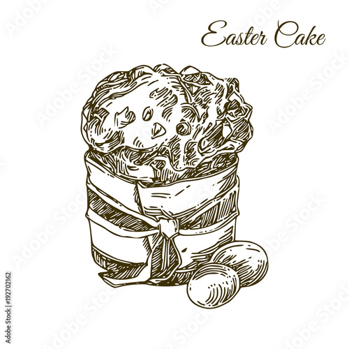Easter cake and eggs. Sketch.  Engraving style. Vector illustration.