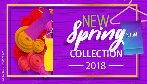 Spring banner "new collection" with paper flowers for online shopping, advertising actions, magazines and websites. Spring new collection background with beautiful colorful flower.