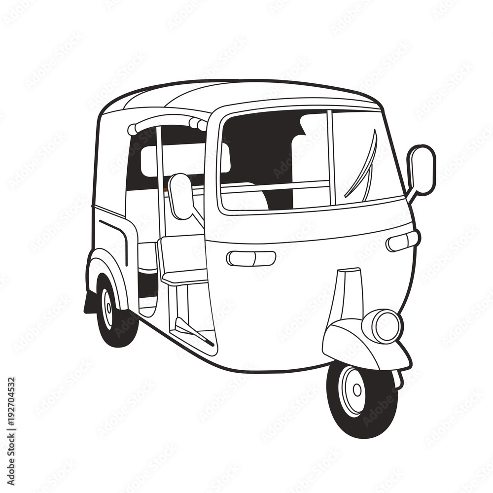 isolated black outline three wheeler vector cartoon Stock Vector