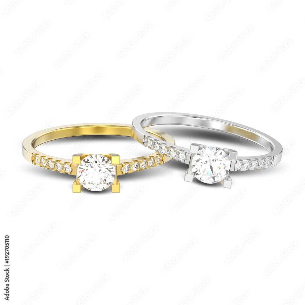 3D illustration isolated two yellow and white gold or silver engagement round cut shape rings with diamonds with shadow 3D illustration isolated two yellow and white gold or silver engagement round cut shape rings with diamonds with shadow