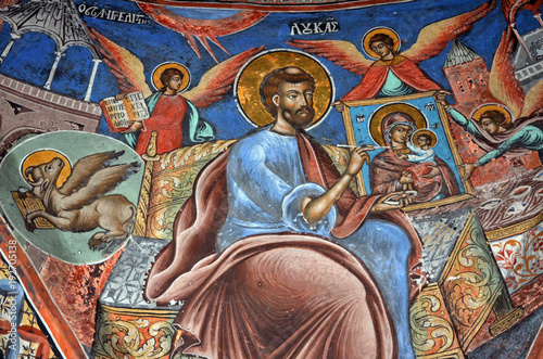 Detailed view with frescoes from the byzantine church of Agios Antonios in Kokkinogi, Elassona, Greece. photo