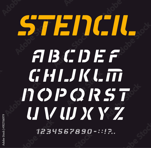Stencil font, geometric alphabet, minimal letters collection, graffiti typeface vector template.