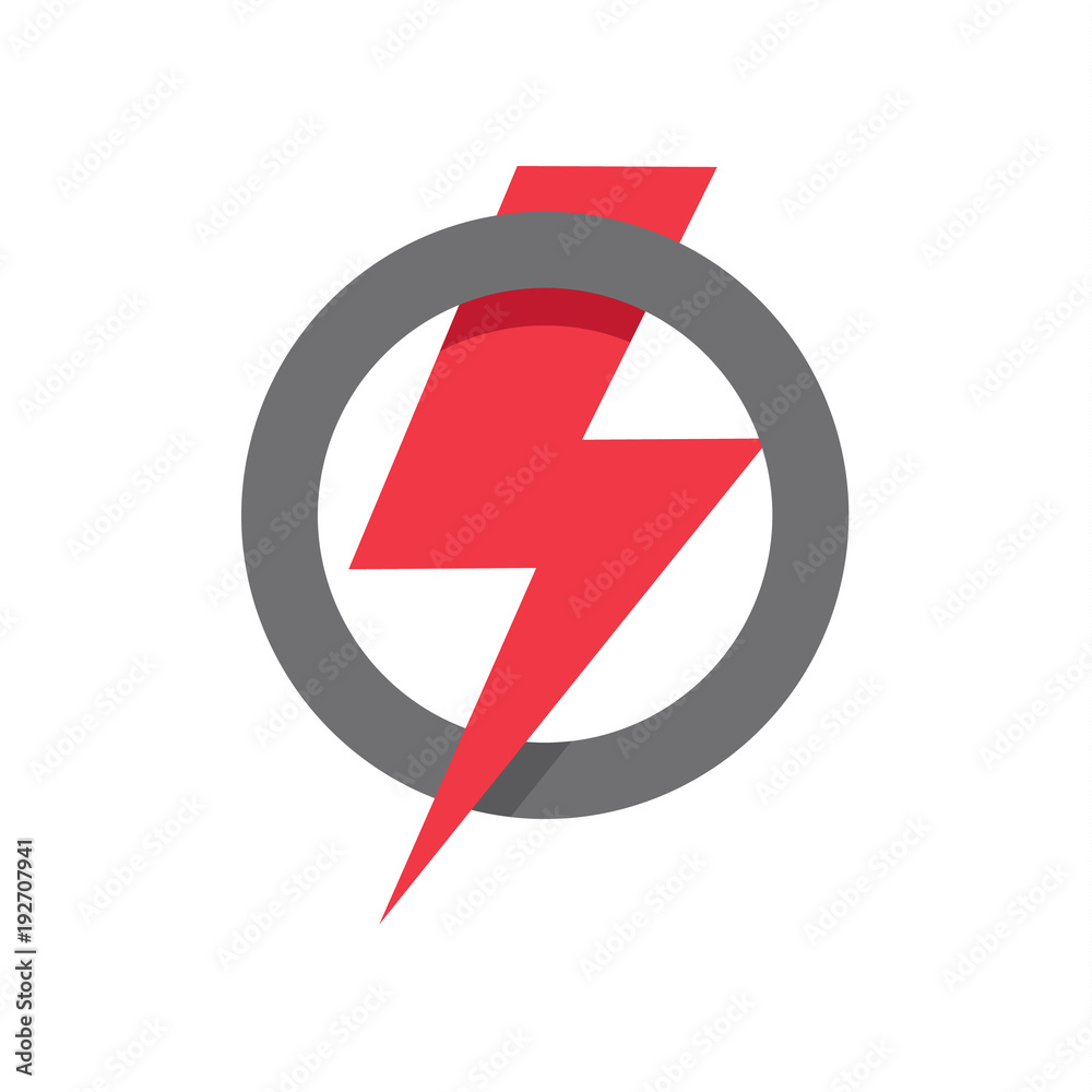 Red lightning icon in circle shape, power, strength, win symbol on white background. Red lightning icon in circle shape, power, strength, win symbol on white background.