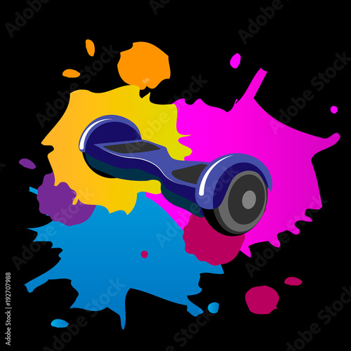 Vector illustration.Hoverboard, segway, gyroscooter, gyroscope. Flat style with spots of blot paint