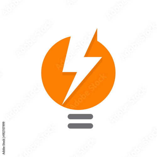 Orange lamp abstract logo, lighbulb with white silhouette of lightning, electrical energy, creative idea or a new thought vector symbol on white background.