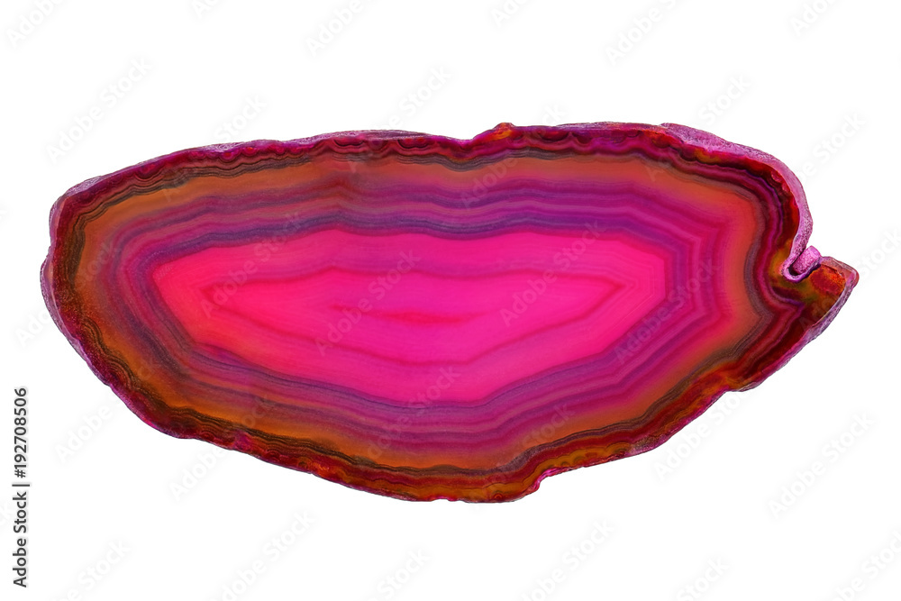 Amazing cross section of Pink Agate Crystal cut isolated on white background. Natural translucent agate crystal surface, Pink abstract structure slice mineral stone macro closeup Amazing cross section of Pink Agate Crystal cut isolated on white background. Natural translucent agate crystal surface, Pink abstract structure slice mineral stone macro closeup