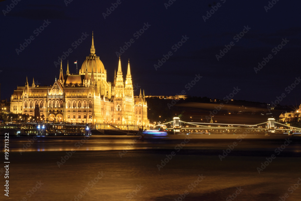 Parliament building and Chain Bridge night view, Budapest