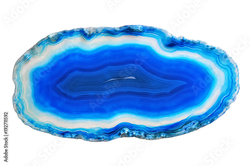Amazing white blue Agate Crystal cross section isolated on white background. Natural translucent agate crystal surface, Blue abstract structure slice mineral stone macro closeup