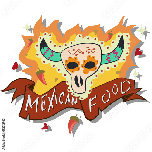 Mexican food logo with fire, bull skull with traditional patterns, banner ribbon and hand draw text. Vector cartoon illustration.