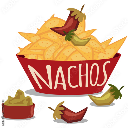 Nachos with guacamole sauce and chili pepper. Mexican traditional food. Plate of tortilla chips. Vector cartoon illustration isolated on white background.