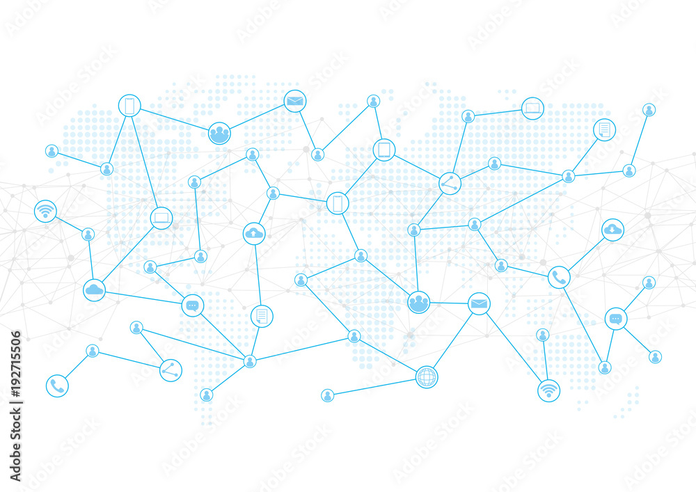 Media network connecttion over world map background, communication concept, vector