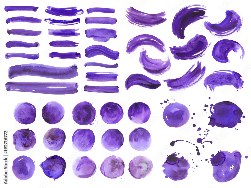 Big bundle of watercolor ultra violet brushstrokes, spots and streaks. Isolated on white background. High quality. - obrazy, fototapety, plakaty 