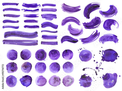 Big bundle of watercolor ultra violet brushstrokes, spots and streaks. Isolated on white background. High quality.