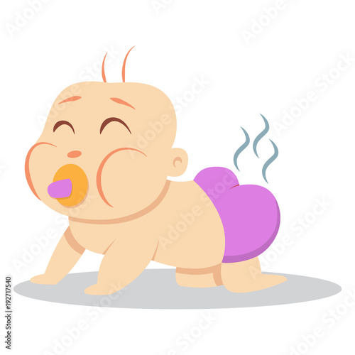 Little cute baby with a pacifier in a dirty, stinky diaper. Vector cartoon illustration isolated on white background.