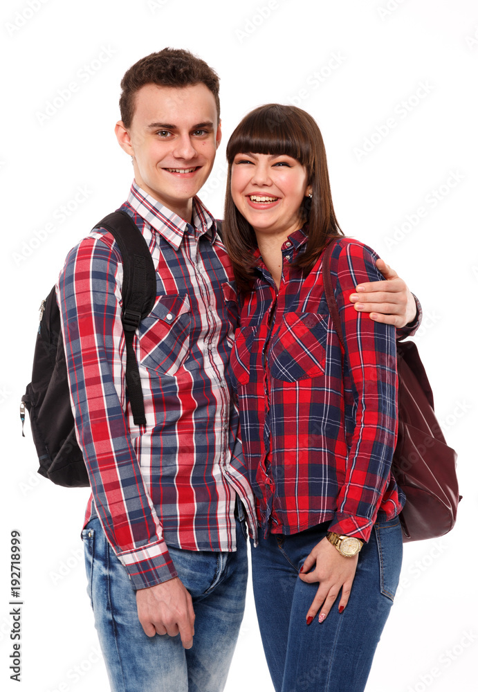 Students with backpacks on white background Students with backpacks on white background