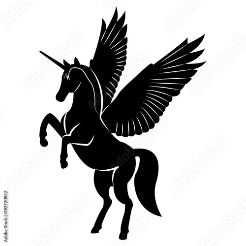 Vector image of a silhouette of a mythical creature of pegasus on a white background. Horse with wings on hind legs.