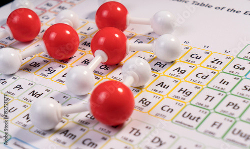 Chemistry model atom of molecule water scientific elements on periodic table of the elements. Chemistry conceptual plastic model for education. photo