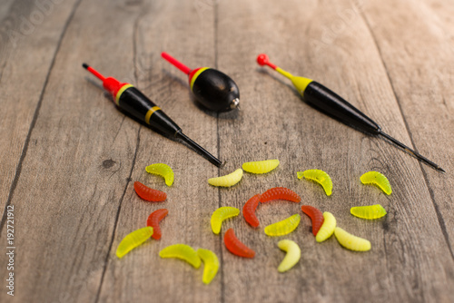 fishing tackle on a wooden table